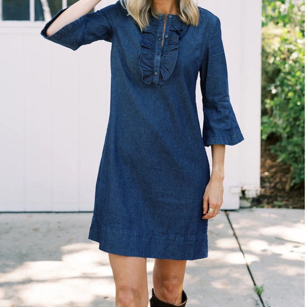 Draper James Chambray Ruffle Shift Dress/denim Ruffle size 4 - Picture 1 of 6